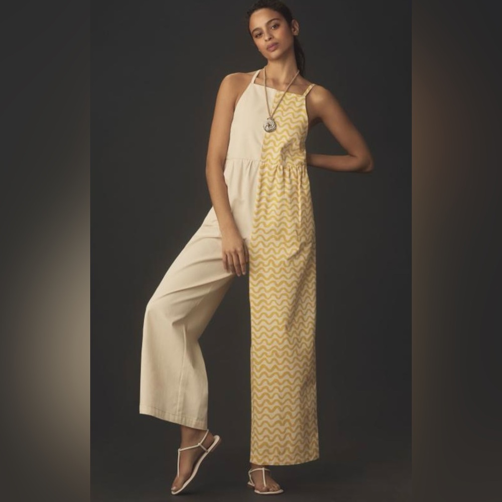 Rita Row Anthropologie Women's Medium Neo Sleeveless Square Neck Jumpsuit Yellow